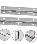 Two heavy-duty stainless steel continuous piano hinges with mounting holes; close-ups of hinge pin and barrel.