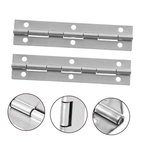 Two heavy-duty stainless steel continuous piano hinges with mounting holes; close-ups of hinge pin and barrel.