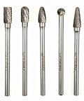 5pc Extra Long Shank Carbide Rotary Burr Set Double Cut One Quarter Inch Shank Die Grinder Bits shown on white background