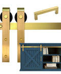 Gold 6Ft Barn Door Hardware Kit With 72 Inch Track For Cabinets TV Stands And Wardrobes, gold handle, installed on blue cabinet