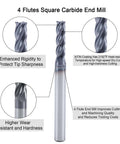 Front view of a silver four-flute carbide square end mill with a polished shank