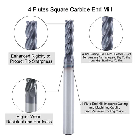 Front view of a silver four-flute carbide square end mill with a polished shank