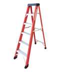 Heavy Duty Fiberglass Step Ladder Built Like A Tank With An Insanely Solid 500 Pound Weight Rating Non Conductive Design For Electricians And Weekend Warriors Doing Real Work, red and sturdy.
