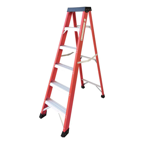 Heavy Duty Fiberglass Step Ladder Built Like A Tank With An Insanely Solid 500 Pound Weight Rating Non Conductive Design For Electricians And Weekend Warriors Doing Real Work, red and sturdy.