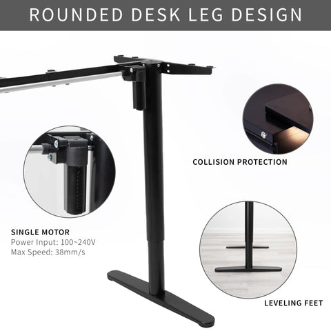 VIVO Electric Standing Desk Frame Single Motor Height Adjustable Workstation Base With Memory Settings Fits 41-74 Inch Tops strong black steel legs with rounded design.