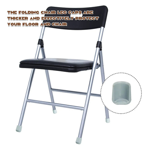 Folding chair with 7/8 inch grey heavy duty plastic end caps, shown with focus on leg caps for hardwood floor protection.