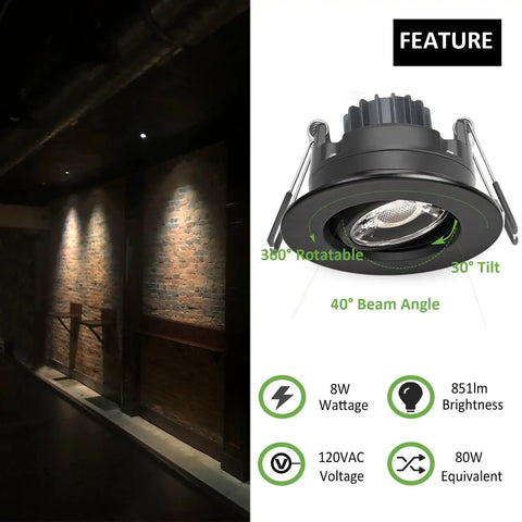 Canless Recessed Gimbal Downlight 3 Inch Eyeball Spotlight 8W Dimmable with 5 CCT Adjustable Black Trim