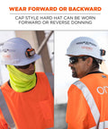Two workers wearing Vented Hard Hat With Light Cap Style Ratchet Suspension ANSI Class C Safety Helmet Skullerz 8972LED White