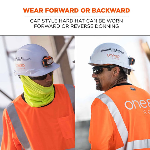 Two workers wearing Vented Hard Hat With Light Cap Style Ratchet Suspension ANSI Class C Safety Helmet Skullerz 8972LED White