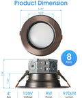 ZYC Oil-Rubbed Bronze 4 Retrofit LED Recessed Lighting, 4 Inch 8 Pack 5CCT Anti-Glare LED Downlight showing dimensions