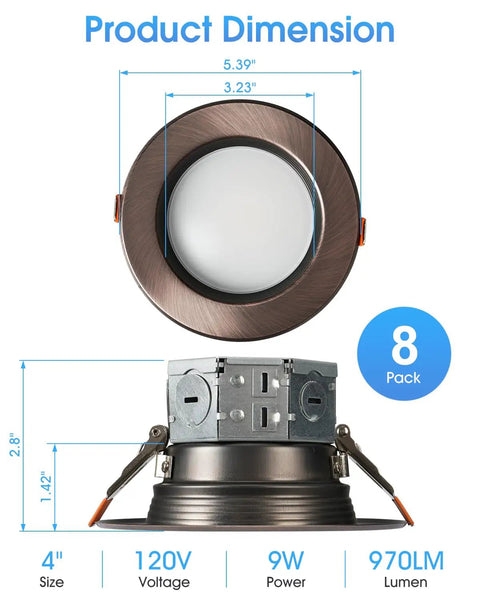 ZYC Oil-Rubbed Bronze 4 Retrofit LED Recessed Lighting, 4 Inch 8 Pack 5CCT Anti-Glare LED Downlight showing dimensions