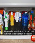 Under-sink view with Black Plastic Floor Runner Protector With Diamond Plate Embossed Texture For Slip Resistance, 27 Inches Wide By 12 Feet Long, Durable Floor Shield That Cuts Easily, Keeps Hard Floors Safe From Dings And Spills, Made In USA.
