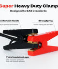 Close-up of red and black heavy-duty clamp with thick insulation for Heavy Duty Jumper Cables With Adapter For 20V Dewalt Battery, 2Ft 8AWG