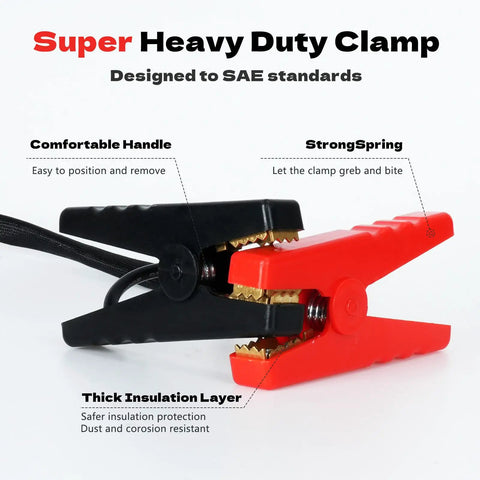 Close-up of red and black heavy-duty clamp with thick insulation for Heavy Duty Jumper Cables With Adapter For 20V Dewalt Battery, 2Ft 8AWG