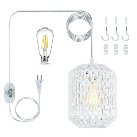 Plug In Pendant Light With LED Bulb Included, Rattan Wicker Boho Chandelier, Hand Woven Hanging Lamp On A 16ft Dimmable Cord