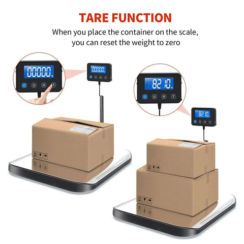 Heavy Duty 440Lb Shipping Scale For Packages And Postage with stainless steel surface showing tare function with boxes