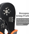 Close-up of self adjusting crimping pliers for AWG 20 to 5 with hexagonal crimp profile and serrated surfaces.