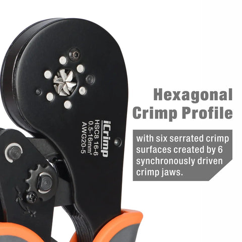 Close-up of self adjusting crimping pliers for AWG 20 to 5 with hexagonal crimp profile and serrated surfaces.