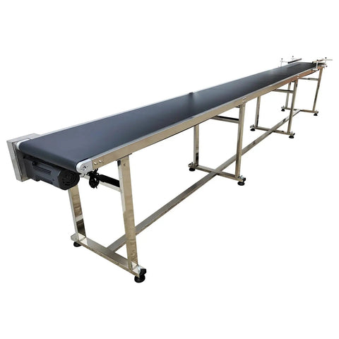 Electric PVC Belt Conveyor With Adjustable Speed For Desktop Use, Stainless Steel Body, Double Guardrails, 177 Inch Long, Black