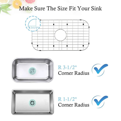 Heavy-Duty Stainless Steel Sink Grid Protectors For Single Bowl Kitchen Sinks, Center Drain Design diagram with corner radius