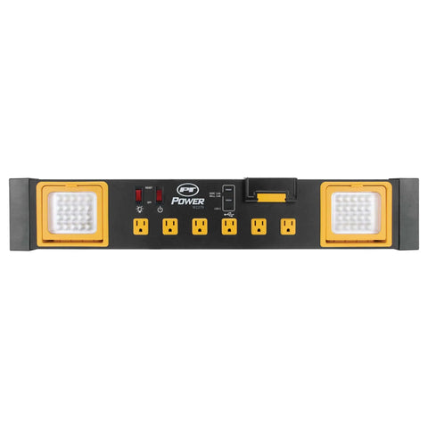 Front view of Heavy Duty Commercial Grade Power Station With Six Outlets And Two USB Ports Built In Cradle And Pivoting 1000 Lumen LED Lights