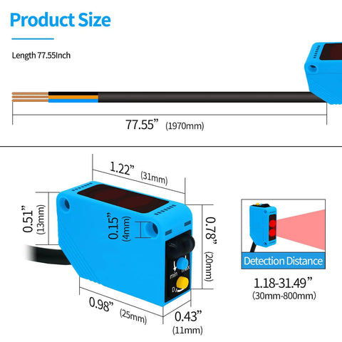Photoelectric Sensor Switch PNP NO NC DC 10 30V With 80cm Infrared Reflective Beam size diagram showing dimensions and detection distance