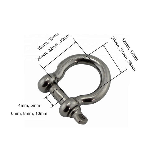 Heavy Duty D-Shackle Set Of 5 304 Stainless Steel Bow Shackles With Screw Pin Rigging Hardware 4mm, 5mm, 6mm, 8mm, 10mm