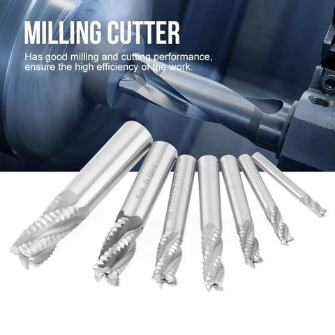7-piece set of HSS roughing end mills with 4 flutes for CNC milling, includes M6–M20 sizes