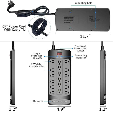 18 Outlet Surge Protector Power Strip With 6 Feet Flat Plug Heavy Duty Extension Cord 2100 Joules Surge Protection 4 USB Ports Black Overload Protection Ideal For Computer Desks And Home Office, wall-mounted