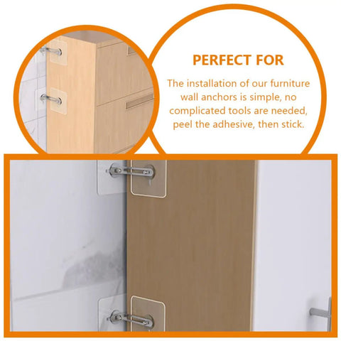 4 Piece Furniture Anti Tip Kit With Adhesive Wall Anchors For Home Use No Fuss Install Sturdy Stainless Steel And Acrylic Materials To Secure TVs And Heavy Furniture From Tip Overs, installed on cabinet wall
