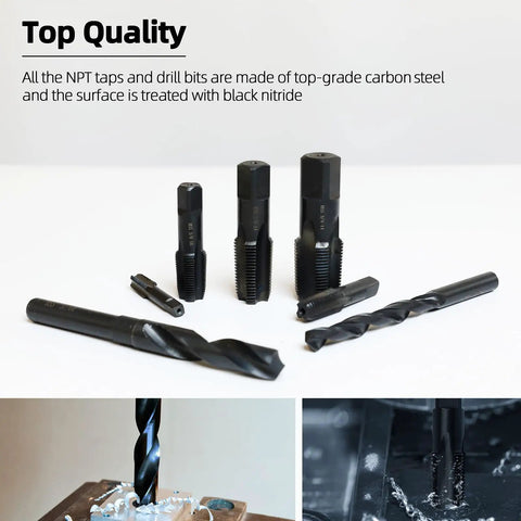 Pro DIY Plumbing Pack Three Eighths By Eighteen NPT Pipe Tap And Thirty-Seven Sixty-Fourths Inch Drill Bit In Carbon Steel With Black Nitride Finish Hand Threading Tools For Plumbers Mechanics And Home Projects In A Portable Box set showing taps and drill bits.
