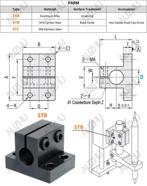 Metric Carbon Steel Bracket Guide Shaft Support diagram with 20 mm bore and 1018 carbon steel material, black oxide finish