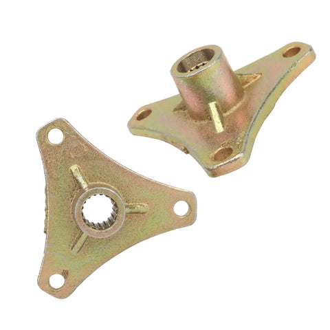 Heavy Duty Steel Alloy Rear Axle Hub Featuring Rock Solid 17T Spline Drive And Three Stud Setup For Off Road Quad Bike And Go Kart Builds With Golden Abrasion Resistant Coating Built Tough As Nails In A Pair, showing two hubs.