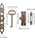 Old School Antique Clock Hardware Kit With Door Key Hinges And Cylinder, zinc alloy in golden antique finish, dimensions shown