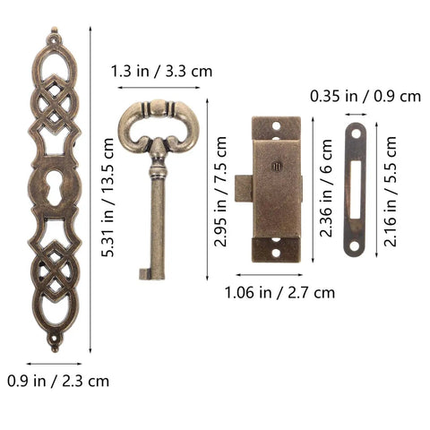 Old School Antique Clock Hardware Kit With Door Key Hinges And Cylinder, zinc alloy in golden antique finish, dimensions shown