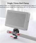 Universal Fifteen Millimeter Single Rod Clamp Rail Connector With Quarter Inch Thread to securely mount cameras on a rig.