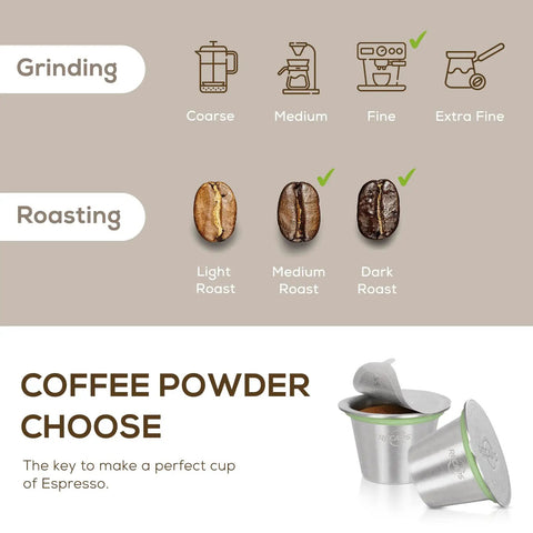 Reusable Coffee Filter Capsules Set For Nespresso Original Machines grinding and roasting options with stainless steel pods.
