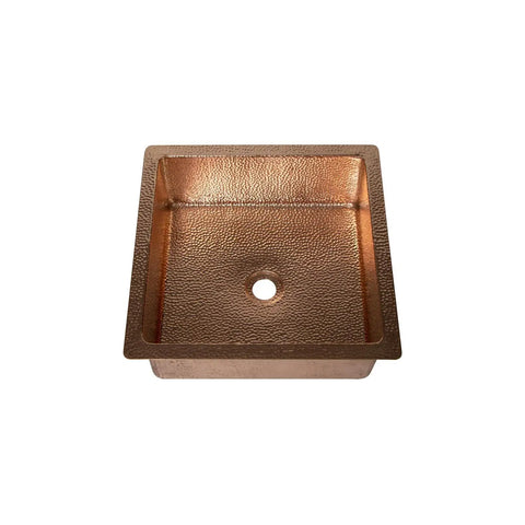 HomeStock Square Hammered Copper Bathroom Vessel Sink for Vanity, 15 Inch Basin, Bronze Finish with smooth edges and a polished interior.