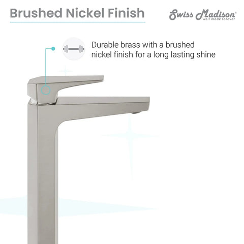 Side view of Single Hole Single Handle High Arc Bathroom Faucet In Brushed Nickel Easy One Hand Operation For Temperature And On Off Solid Brass Build For Durability 1.2 GPM Flow Center Mount Design For Modern Bathrooms