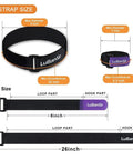 Diagram showing sizes of 8 Pack Bike Rack Straps With Adjustable Stabilizers, including 8 inch and 26 inch lengths for transport.