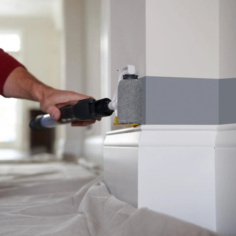 Smart Edge 3 Inch Mini Paint Roller Kit with No Tray Design in use on room trim, holds paint in handle for clean edge trim.