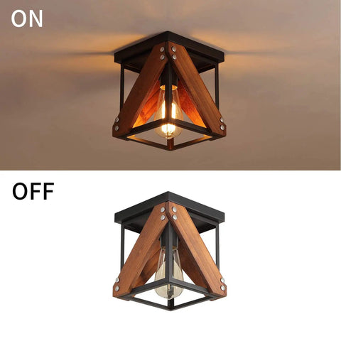 Dope Rustic Industrial Two Light Flush Mount Ceiling Light with metal and wood frame shown on and off in farmhouse style black finish