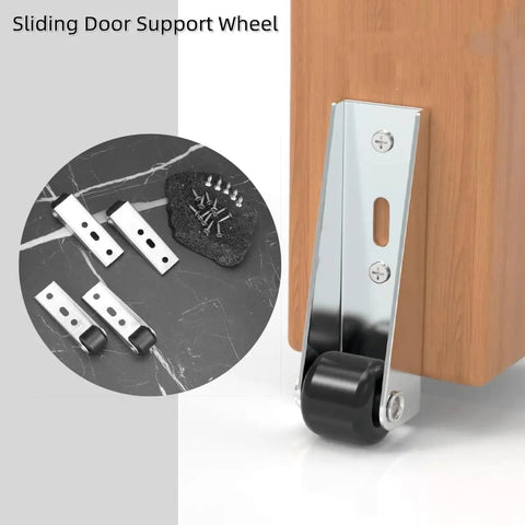Heavy Duty Vertical Track Roller Wheels For Sliding Door Sagging Support Rock Solid Carbon Steel Build Runs Slick Every Time Easy Setup Replacement That Handles Heavy Loads Smoothly showing support wheel, mounting brackets and screws.