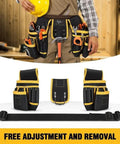 Adjustable Tool Waist Belt With 26 Pockets And Strong Magnets For Holding Hammers Tape Measures Screwdrivers Drills And More On Job Sites Or Home Projects Built From Thick Abrasion Resistant Canvas For Daily Heavy Duty Use, black canvas tool belt with adjustable strap and removable pouches