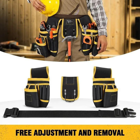Adjustable Tool Waist Belt With 26 Pockets And Strong Magnets For Holding Hammers Tape Measures Screwdrivers Drills And More On Job Sites Or Home Projects Built From Thick Abrasion Resistant Canvas For Daily Heavy Duty Use, black canvas tool belt with adjustable strap and removable pouches