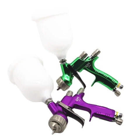 Nail That Sweet Factory Finish With This Top Shelf Air Powered Paint Spray Gun featuring 1.3mm and 1.5mm tips in green and purple.