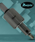 Close-up of Precision Rotary Broach Set with 3/4 Inch Shank and 7-Piece HSS Hex Punch Kit for CNC machines, Assorts logo.