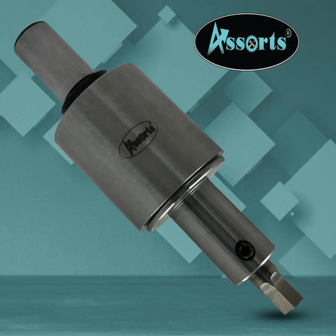 Close-up of Precision Rotary Broach Set with 3/4 Inch Shank and 7-Piece HSS Hex Punch Kit for CNC machines, Assorts logo.