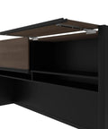 Badass L Shaped Standing Desk With Three Drawer Pedestal features an open drawer with laminate top and black finish.