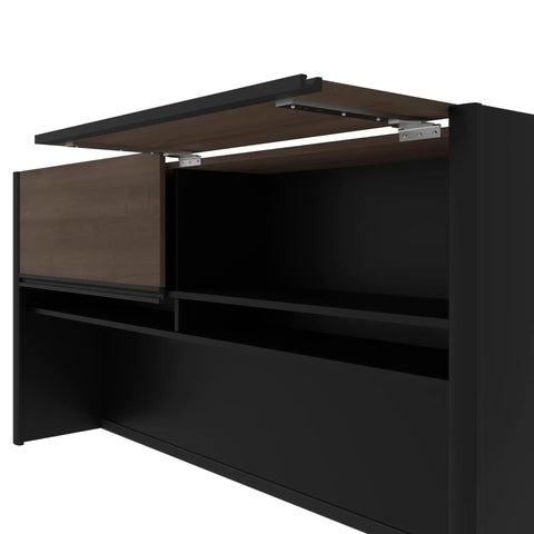 Badass L Shaped Standing Desk With Three Drawer Pedestal features an open drawer with laminate top and black finish.